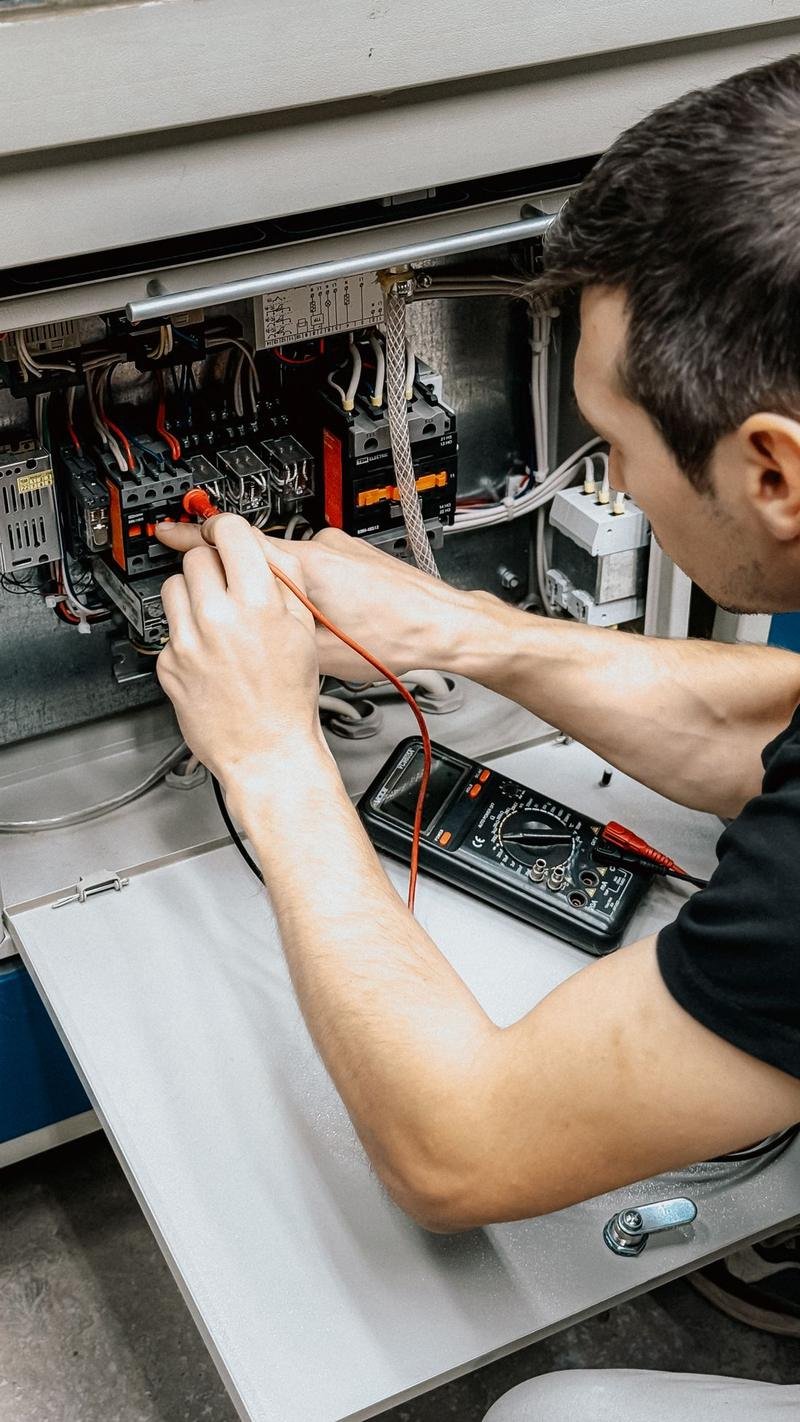 Electrician testing a distribution board full of MCBs with a multimeter